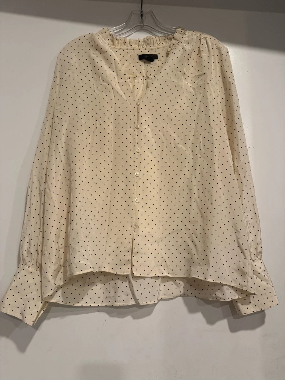 J.Crew 100% Silk Polka Dot Ruffle Collar Blouse Button Front Cream Black Size L